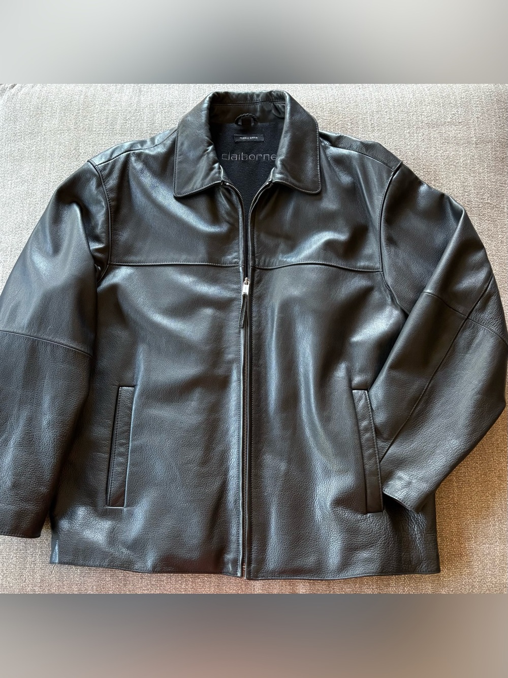 Claiborne Men's Vintage Black Pebbled Leather Zip Bomber Jacket Coat Size Large